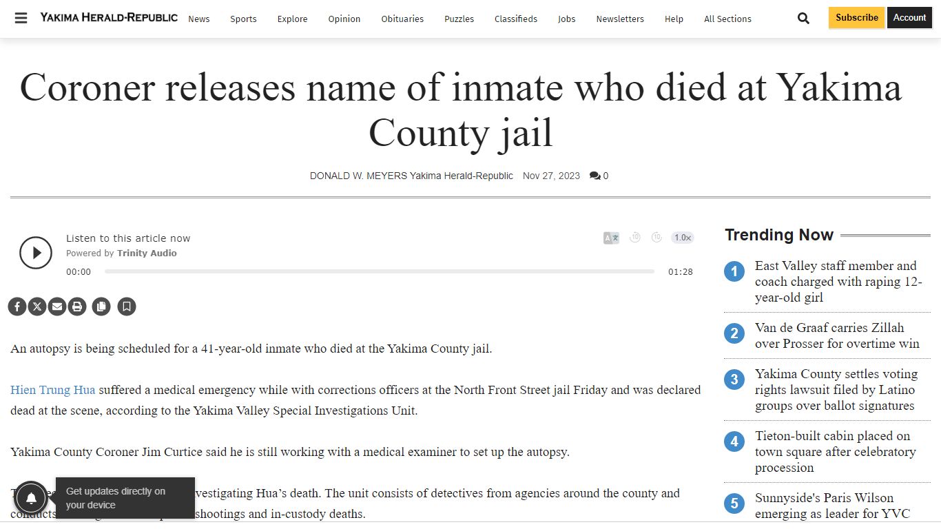 Coroner releases name of inmate who died at Yakima County jail